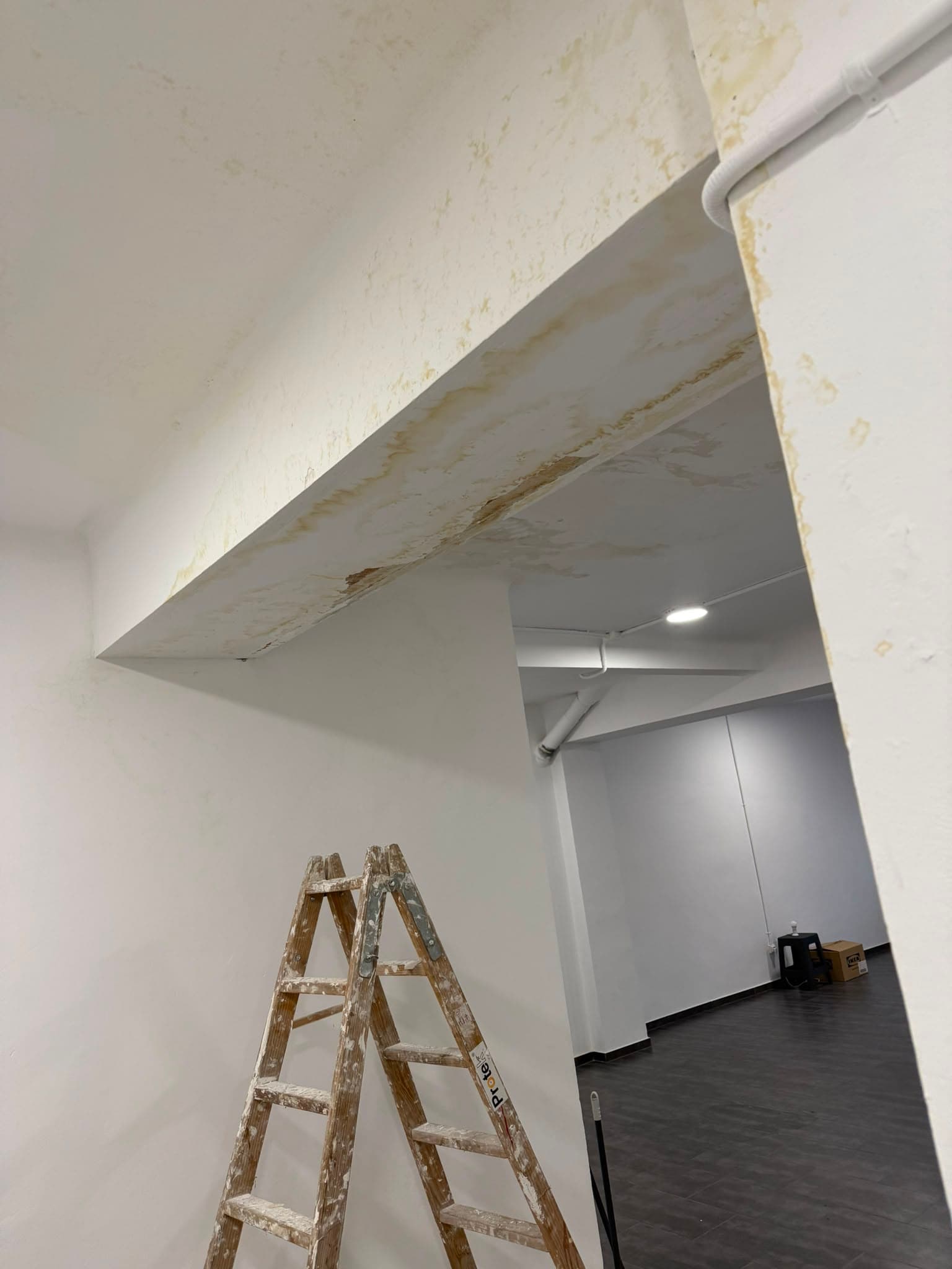 Techo y viga de un local comercial con grandes manchas de humedad antes de la reparación