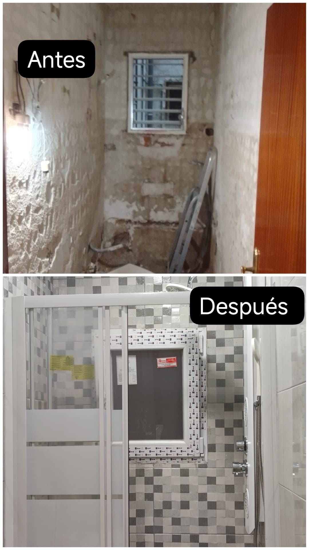 Composición del antes y el después de un baño reformado en Barcelona: obra vista y baño terminado con alicatado y mampara