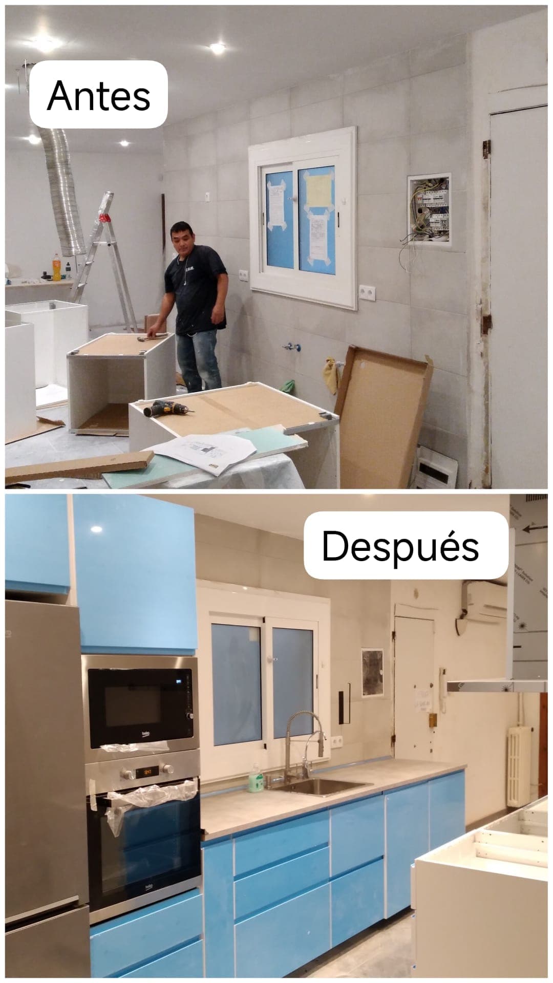Composición del antes y el después de una cocina reformada en Barcelona: muebles en montaje y cocina acabada